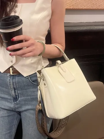Women Genuine Leather Bucket Bag Vintage Retro Crossbody Shoulder Bag Top Handle Handbag Daily Commuter Bag