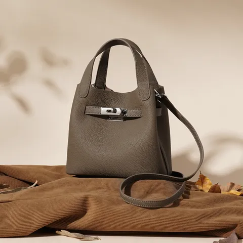 Femmes Cuir Véritable Motif Litchi Sac Seau Vintage Trajet Sangle Unique Sac Bandoulière Mode Sac à Main
