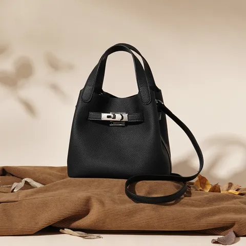 Femmes Cuir Véritable Motif Litchi Sac Seau Vintage Trajet Sangle Unique Sac Bandoulière Mode Sac à Main