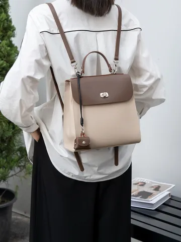 Women Genuine Leather Backpack Vintage Contrast Color School Bag Casual Travel Daypack With Lock Closure