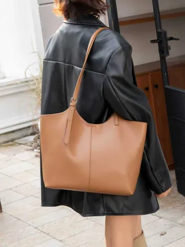 Women Genuine Leather Tote Bag Large Capacity Cowhide Commuter Shoulder Bag Solid Color Casual Handbag