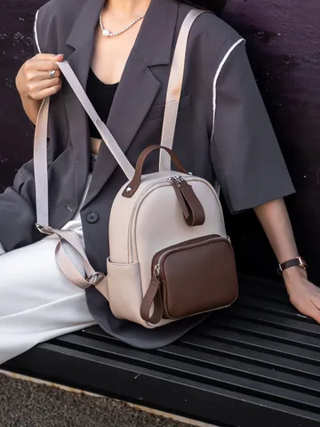 Piccolo Zaino in Vera Pelle da Donna Retro Minimalista Blocco di Colore Splicing Borsa da Viaggio Commuter Casual Daypack