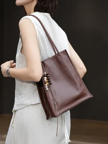Minimalist Genuine Leather Tote Bag For Women Large Capacity Shoulder Underarm Bag Solid Color Commute Handbag