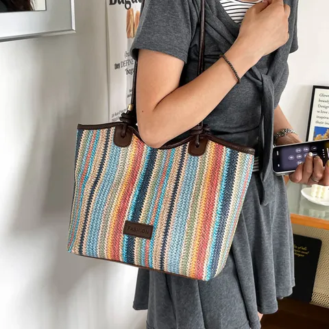 Rainbow Striped Woven Tote Bag Large Capacity Casual Straw Shoulder Bag With PU Leather Handle For Women Summer Beach Bag