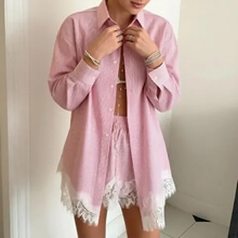 Women's Casual Solid Color Long Sleeve Shirt And Lace Patchwork Shorts Set Summer Fashion Two Piece Outfit