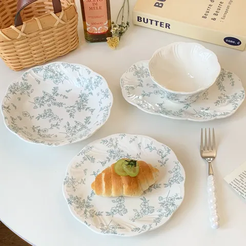 Ceramic Plates And Bowls French Vintage Blue Floral Embossed Scalloped Edge Elegant Dinnerware For Home