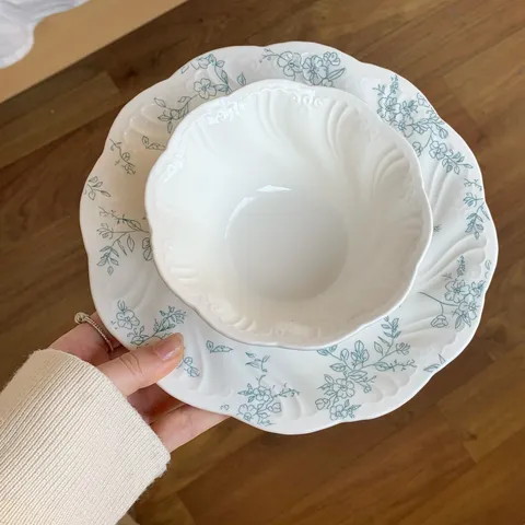 Ceramic Plates And Bowls French Vintage Blue Floral Embossed Scalloped Edge Elegant Dinnerware For Home