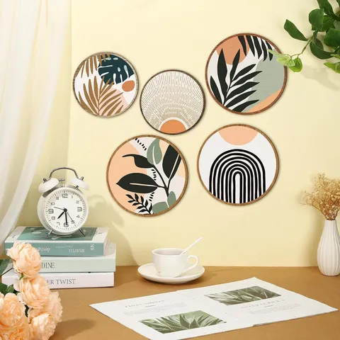 Bohemian Wooden Wall Hanging Decor Round Wooden Sign Botanical Floral Art Print Home Living Room Bedroom Wall Decoration