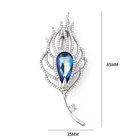 Vintage Elegant Feather Brooch Pin Copper Rhinestone Crystal Lapel Pin Suit Coat Corsage Jewelry For Women
