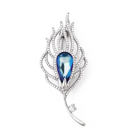 Vintage Elegant Feather Brooch Pin Copper Rhinestone Crystal Lapel Pin Suit Coat Corsage Jewelry For Women
