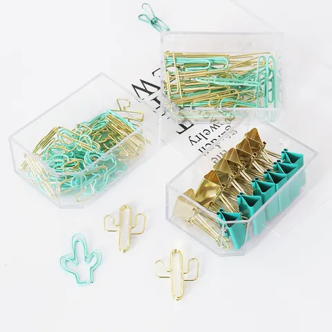 Acrylic Desktop Storage Organizer Box With Colorful Metal Paper Clips Binder Clips Stationery Set For Office School
