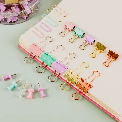 Creative Multi Functional Office Stationery Set Metal Paper Clips Binder Clips Push Pins With Transparent Round Storage Box