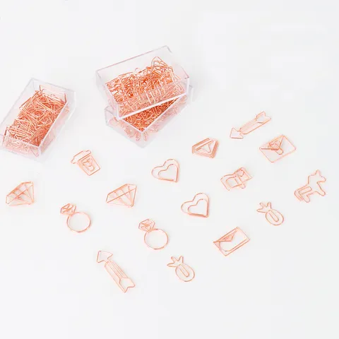 Rose Gold Metal Shaped Paper Clips Cute Electroplated Bookmark Geometric Heart Pineapple Unicorn Stationery Clips Box