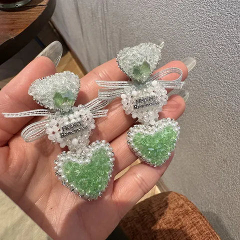 Pince à Cheveux Cœur en Strass Vert Menthe Style Coréen Nœud en Perle Artificielle Française Pince Latérale Accessoires Cheveux