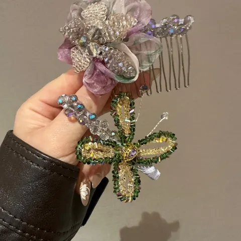 Sweet Mesh Rhinestone Flower Hair Comb Elegant Handmade Beaded Butterfly Hair Clip Fashion Hair Accessories For Women Daily Party Decor