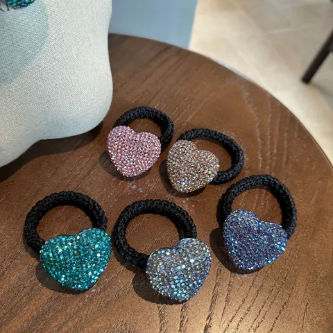 Chouchou Cœur en Strass de Style Coréen pour Femmes Support de Queue de Cheval Haute Élasticité Accessoires de Cheveux Cœur Incrusté Brillant Cadeau