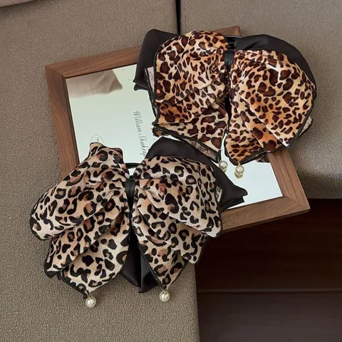 Vintage Leopardenmuster Schleife Haarkralle Mit Künstlicher Perle Quaste Anhänger Elegante Samt Haarklammer Für Damen Haarschmuck
