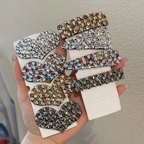 Pince à Cheveux en Alliage de Strass Brillant de Style Coréen Doux Cœur Géométrique Plein de Cristal Pavé Barrette Latérale pour Femmes Accessoires de Cheveux Quotidiens