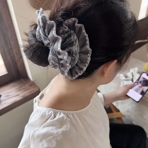 Korean Style Denim Fabric Hair Accessories For Women Retro Floral Print Lace Splicing Headband Scrunchie Hair Claw Clip Decor