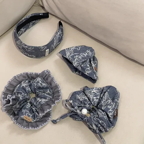 Korean Style Denim Fabric Hair Accessories For Women Retro Floral Print Lace Splicing Headband Scrunchie Hair Claw Clip Decor