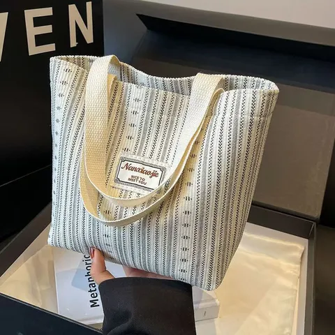 Women Corduroy Tote Bag Casual Striped Handbag Large Capacity Shoulder Bag Daily Commuting Student School Bag