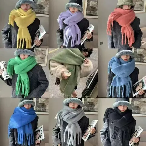 Winter Warme Verdikte Mohair Sjaal Effen Kleur Franje Lange Sjaal Veelzijdige Paar Nekwarmer Mode Winter Accessoires