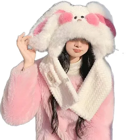 Schattige Pluche Konijnenoor Muts en Sjaal Set Winter Warm Met Capuchon Oorbescherming Koudebestendige Fleecemuts Voor Dames