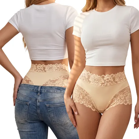 Women's High Waist Lace Panties Seamless Breathable Cotton Crotch Sexy Briefs Solid Color Stretch Underwear