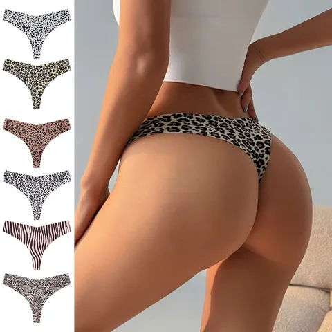 Women's Seamless Ice Silk Animal Print Thong Low Rise Leopard Zebra Pattern T-Back Breathable Sports Underwear