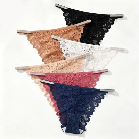 Sexy Lage Taille Kant Tanga Voor Vrouwen Strass Bandjes Naadloze V-Vorm Slipje Ademend Nylon Ondergoed Effen Kleur Lingerie