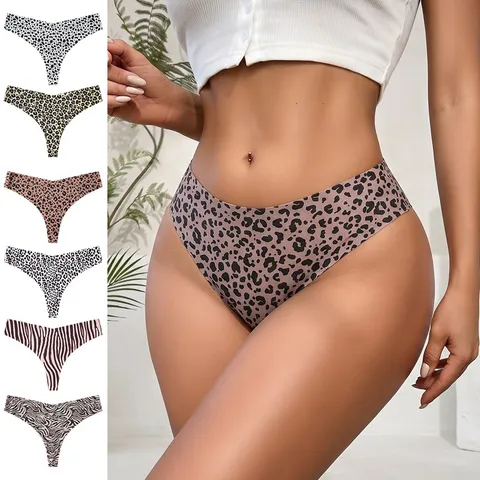 Women's Seamless Ice Silk Animal Print Thong Low Rise Leopard Zebra Pattern T-Back Breathable Sports Underwear