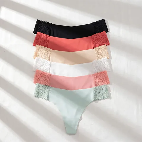 Women Low Waist Lace Patchwork Ice Silk Seamless Thong Sexy Breathable Cotton Crotch Panties Sports Lingerie Underwear Bottom