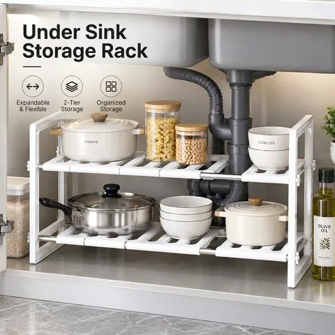 Expandable Under Sink Organizer Multilayer Stainless Steel Plastic Kitchen Storage Rack Adjustable Shelf For Pots Pans Cabinet Organizer
