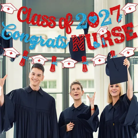 Nurse Graduation Banner Congrats Nurse Class Of 2026 Glitter Cardstock Medical Theme Party Decor Nurse Cap Heartbeat