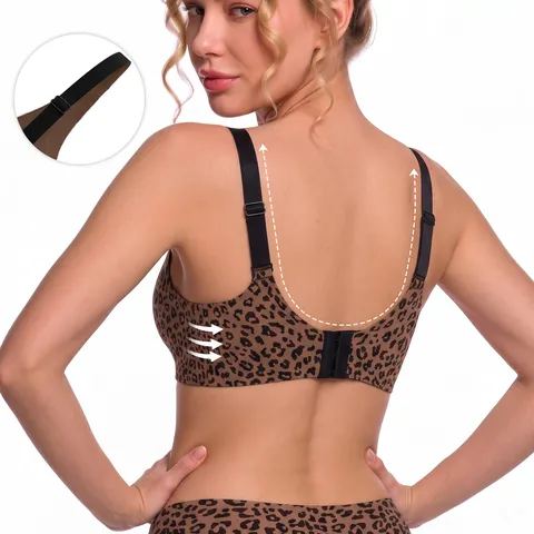 Women's Seamless Wireless Bra Deep V Neck Leopard Print Jelly Bra Plus Size Comfortable No Wire Push Up Bralette For Ladies