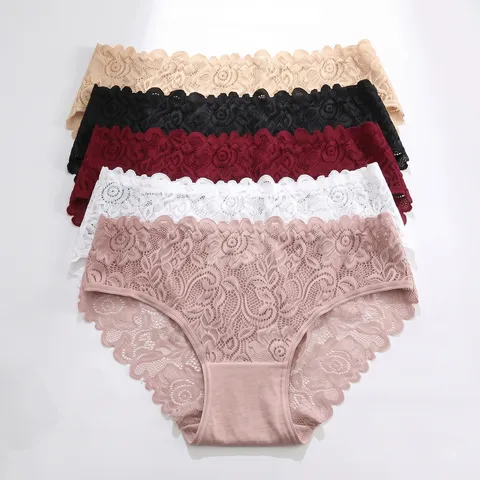Women's Seamless Lace Mid Waist Briefs Breathable Quick Dry Solid Color Panties