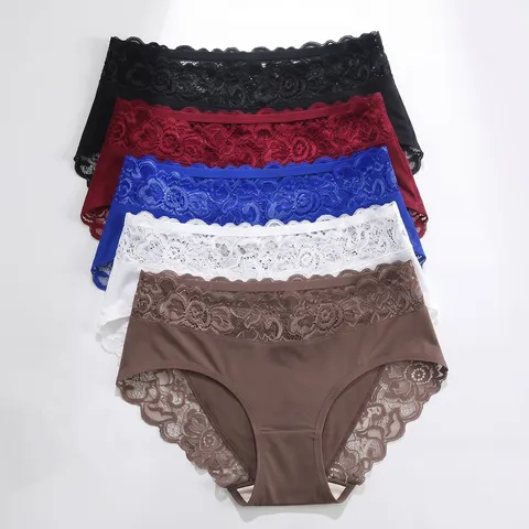 Women's Sexy Lace Mid Waist Briefs Breathable Seamless Comfortable Nylon Panties Ladies Daily Underwear