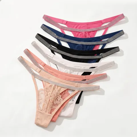 Sexy Low Rise Rhinestone Thong Women Seamless Floral Lace Panties Breathable Nylon T-Back Underwear