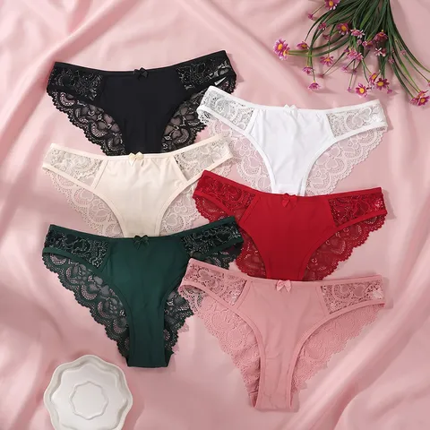 Women High Waist Lace Briefs Seamless Breathable Cotton Crotch Panties Hollow Out Bow Decor Sexy Lingerie Butt Lifting Underwear