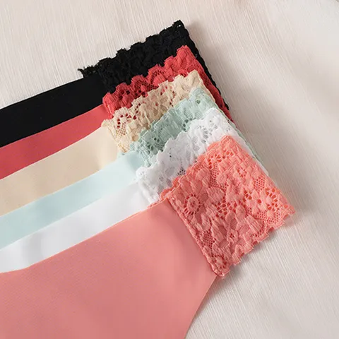 Women Low Waist Lace Patchwork Ice Silk Seamless Thong Sexy Breathable Cotton Crotch Panties Sports Lingerie Underwear Bottom