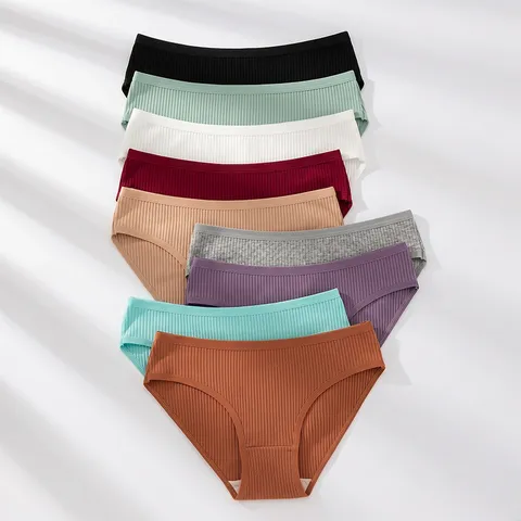 Women's Seamless Ribbed Cotton Panties Breathable Mid Waist Briefs Solid Color Soft Stretch Lingerie For Daily Wear