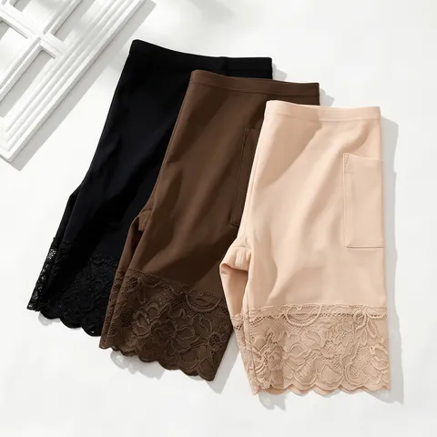 Seamless High Waist Tummy Control Shapewear Shorts Nylon Lace Trim Side Pockets Butt Lifting Body Shaper Safety Pants For Women Casual Sports