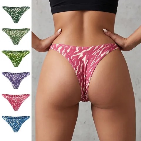 Women Sexy Zebra Print Thong Seamless Ice Silk Panties Lace Patchwork Low Waist T-Back Underwear For Women Lady