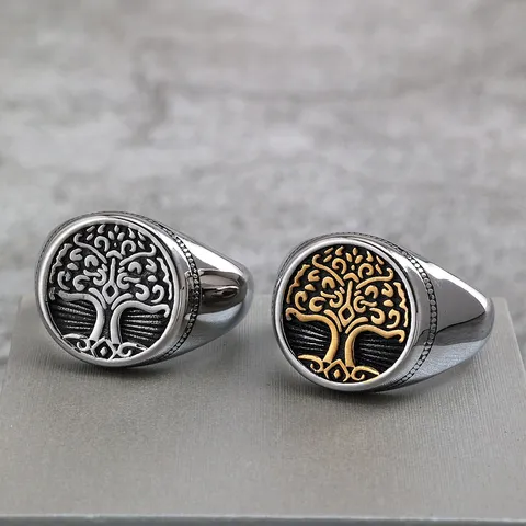 Retro Stainless Steel Tree Of Life Signet Ring For Men Women Nordic Viking Geometric Tree Relief Polished Band Ring Jewelry Gift