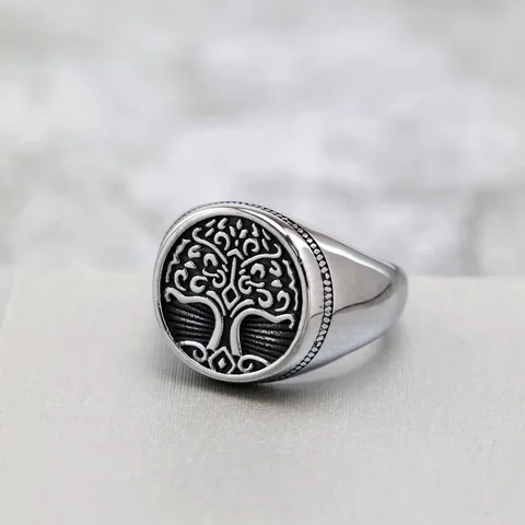 Retro Stainless Steel Tree Of Life Signet Ring For Men Women Nordic Viking Geometric Tree Relief Polished Band Ring Jewelry Gift