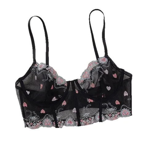 Women Sexy French Lace Underwire Bra Gathered Anti-sagging Embroidered Lingerie Polyamide Mesh Sexy Brassiere Top Black