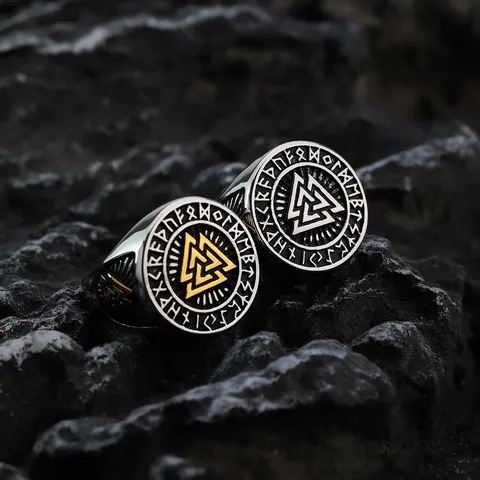 Nordic Vintage Stainless Steel Ring For Men Valknut Viking Triangle Symbol Norse Runes Embossed Signet Ring Punk Hip Hop Unisex Finger Ring Band