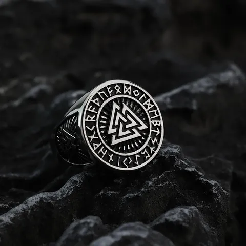 Nordic Vintage Stainless Steel Ring For Men Valknut Viking Triangle Symbol Norse Runes Embossed Signet Ring Punk Hip Hop Unisex Finger Ring Band