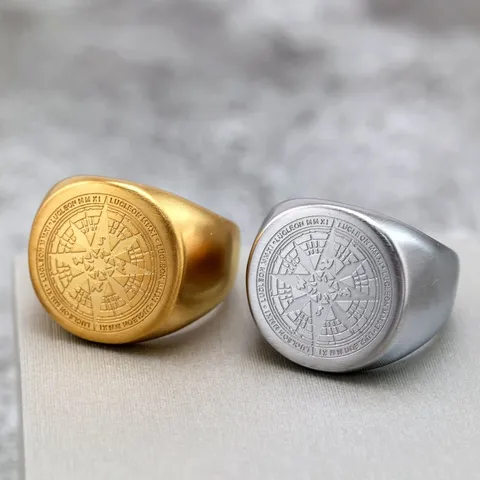Vintage Stainless Steel Compass Signet Ring For Men Women Polished Geometric Round Flat Top Sailor Finger Ring Punk Hip Hop Jewelry Gift
