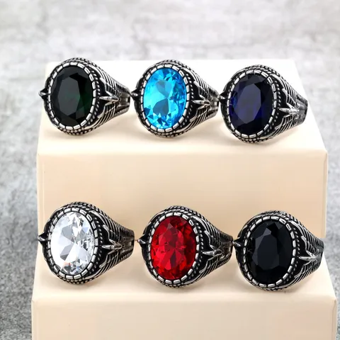 Vintage Stainless Steel Mens Ring Carved Double Birds Wings Faceted Rhinestone Oval Signet Ring Hip Hop Punk Unisex Band Ring Jewelry Gift